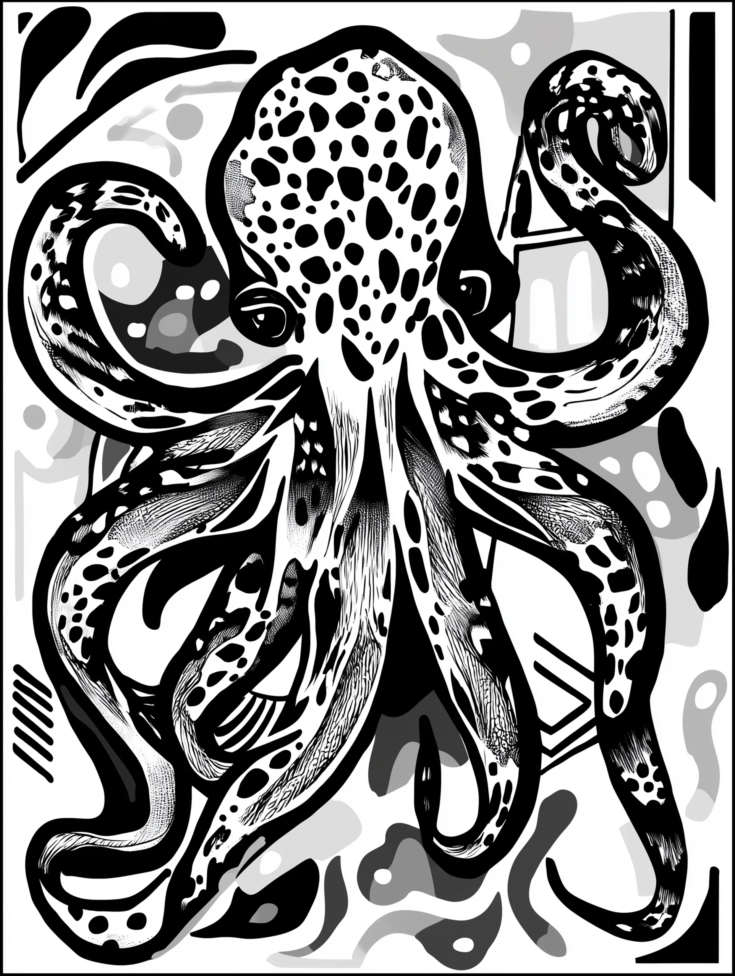 Free printable underwater coloring page for adults featuring a standing octopus